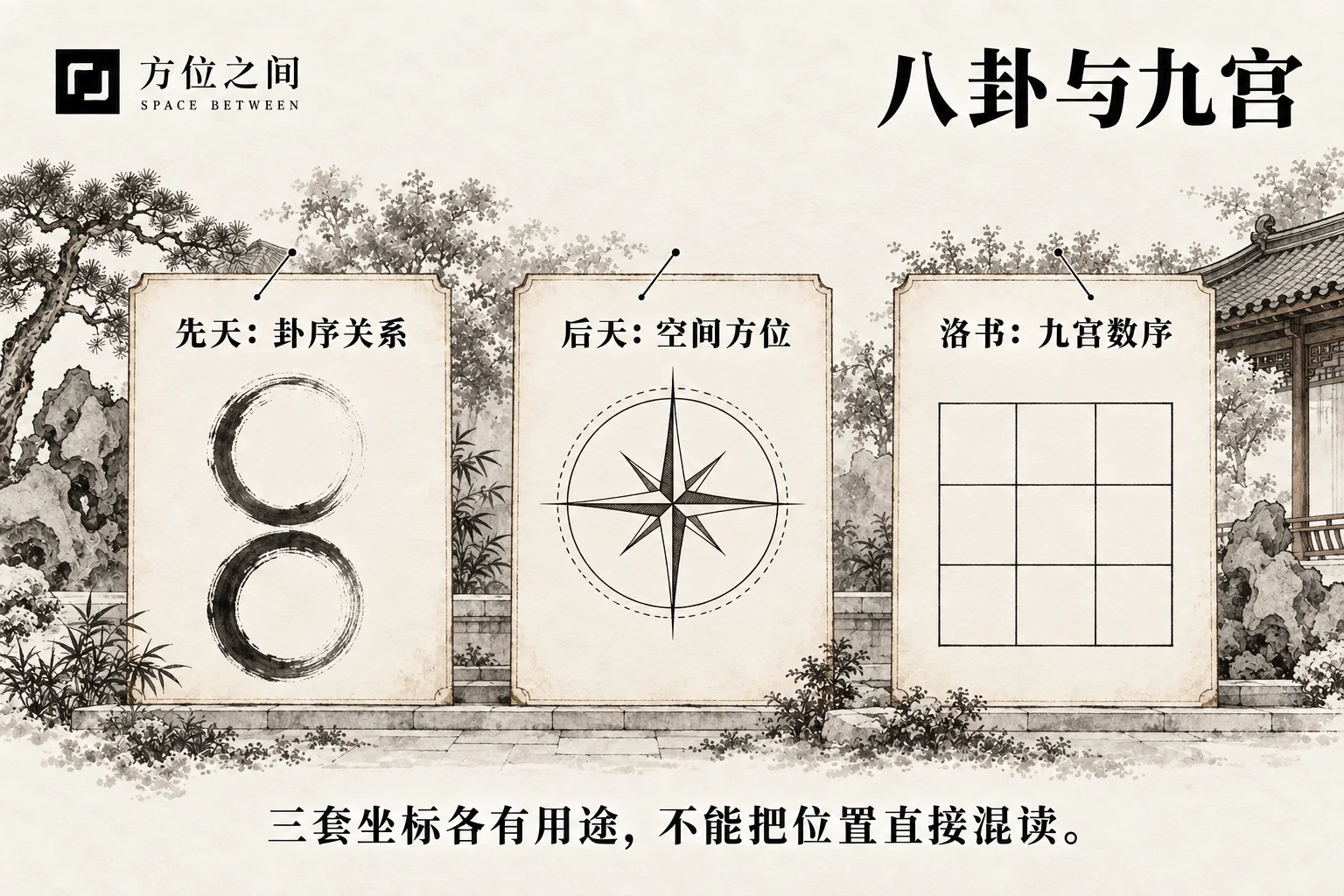 庭院平面与九处留白组成的八卦九宫意象