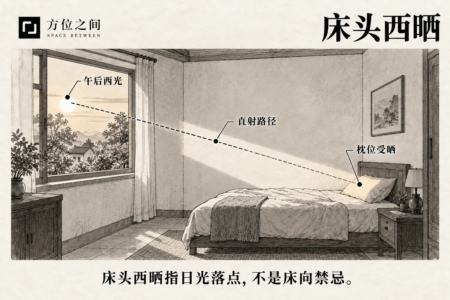 傍晚西窗斜阳落在枕头和床头墙,窗帘部分拉起。