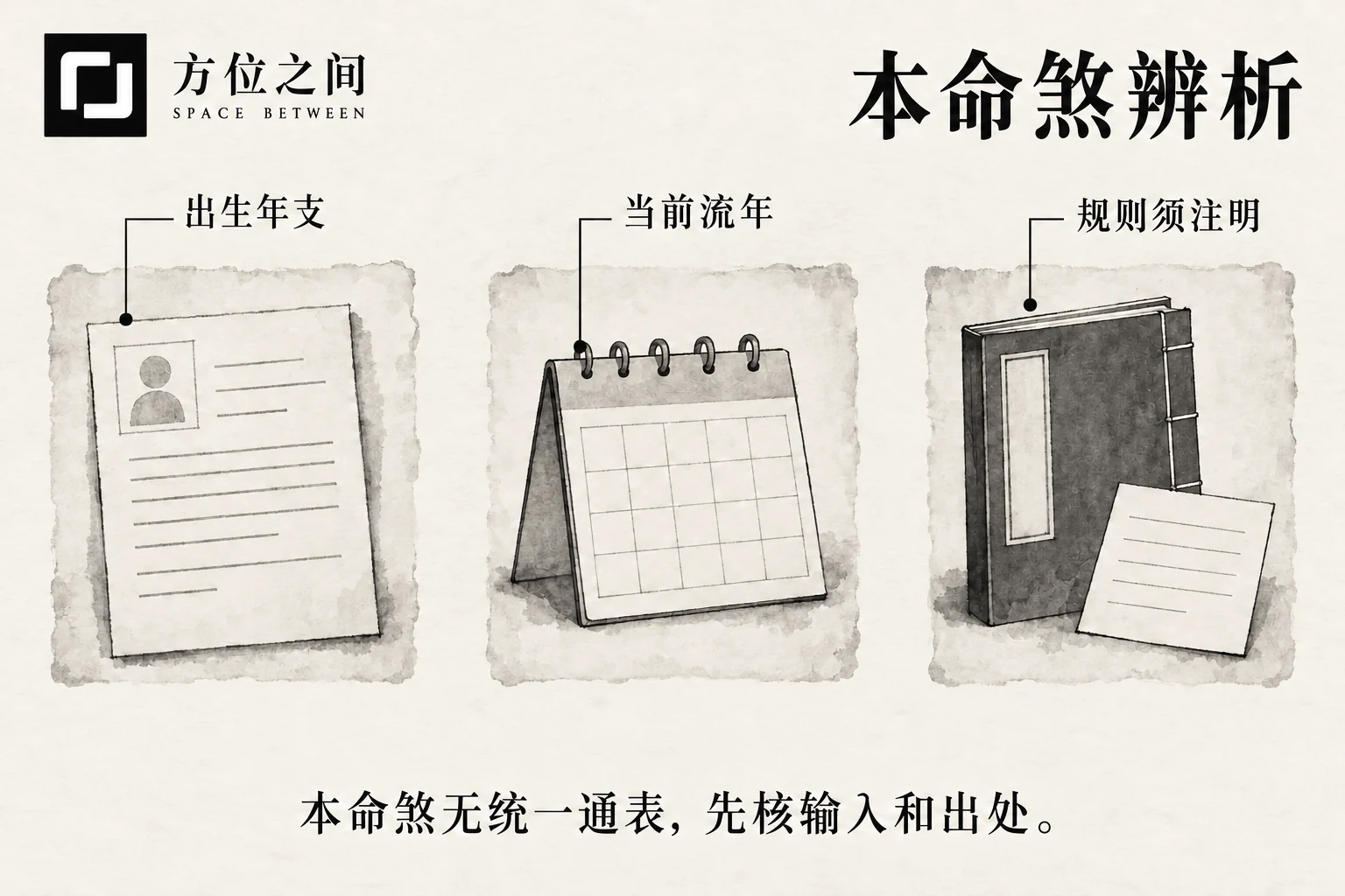 三张分开的日期与方位笔记卡片置于书桌,象征出生、流年和命卦不能混算。
