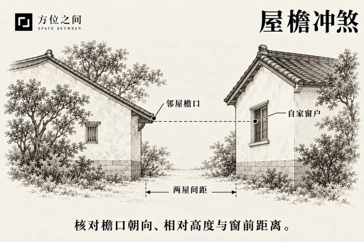 邻屋突出檐口边缘朝向同高住宅窗户并标明间距的示意