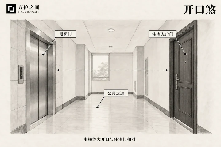 公寓入户门正对走廊电梯门的室内平面透视
