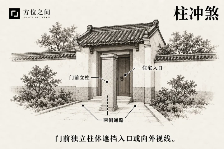 门前独立柱体遮挡入口轴线且两侧保留通路的示意