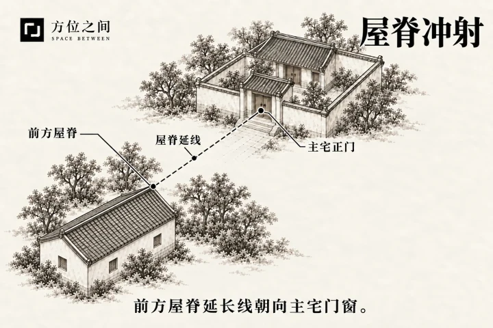 前方邻屋屋脊延长线朝向主宅正门的示意