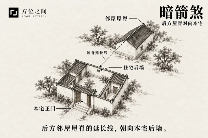 后方邻屋屋脊指向住宅背墙的清晰俯视透视示意