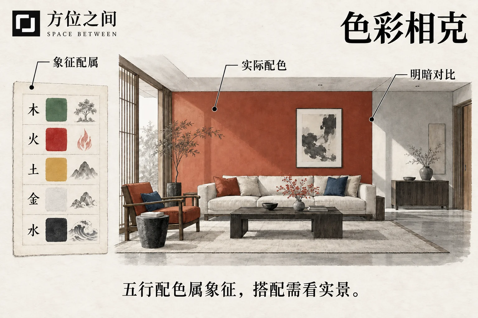 同一房间墙前并列不同明度的红、白、黑材料小样,背景为中性光。