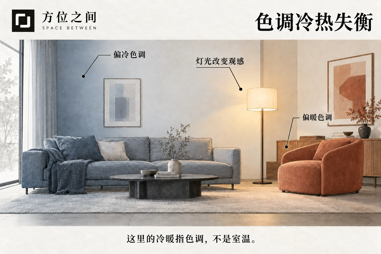 客厅中偏蓝顶灯与偏黄台灯照向相邻区域,材料色块清晰可见。