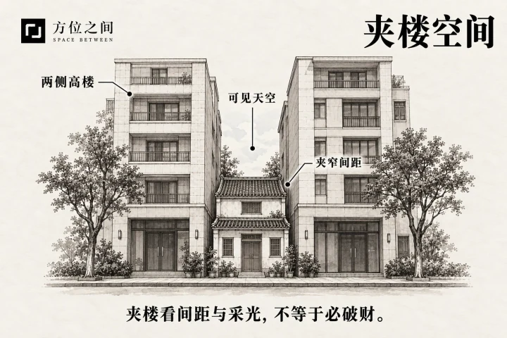 一栋低矮住宅位于两座较高楼体之间，上方只露出窄幅天空。