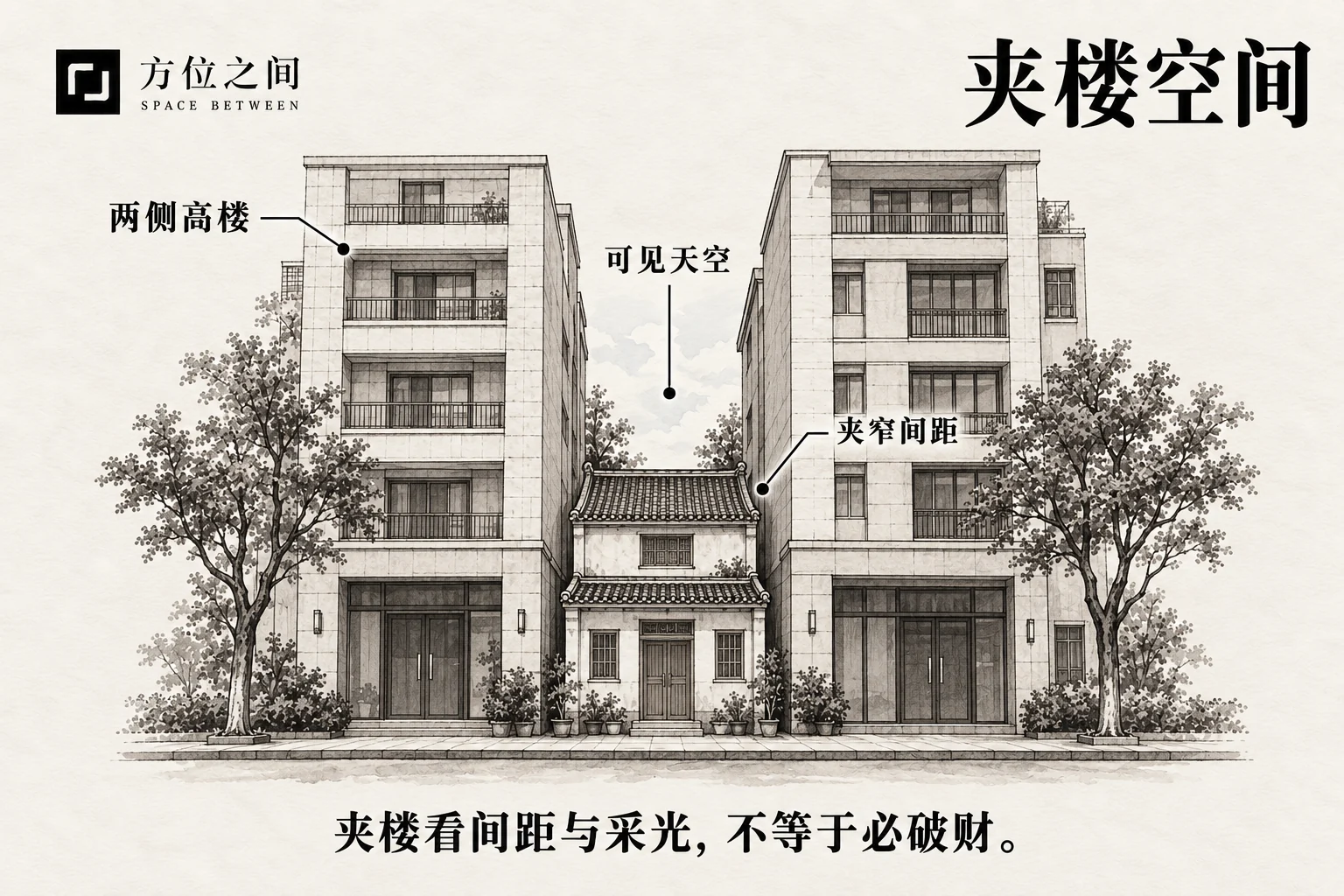 一栋低矮住宅位于两座较高楼体之间,上方只露出窄幅天空。