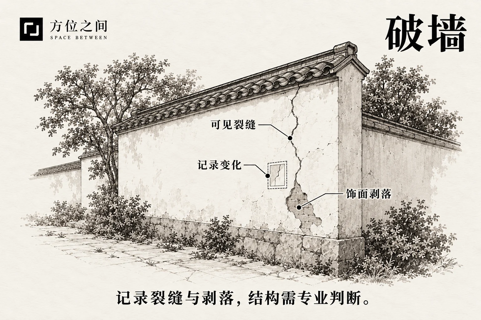 靠窗墙角有斜裂和局部剥落,旁边放着带日期的检查记录。