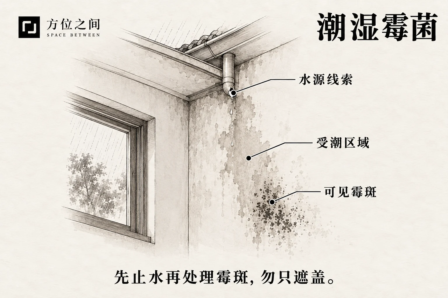 窓角に結露し、壁際の戸棚裏に小さなカビと湿痕がある。