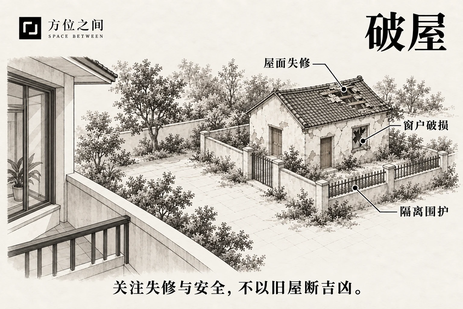 住宅窗外可见一座局部屋面塌落、窗户破损的空屋,前方设围护。