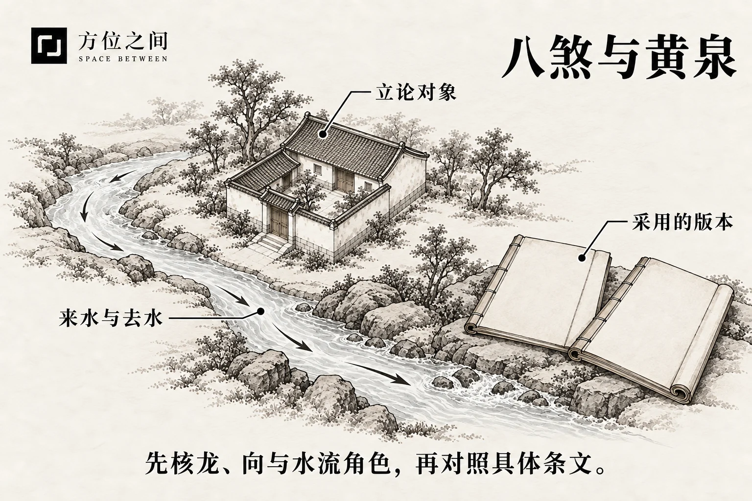 墨色水流绕过小亭与山石的艺术示意
