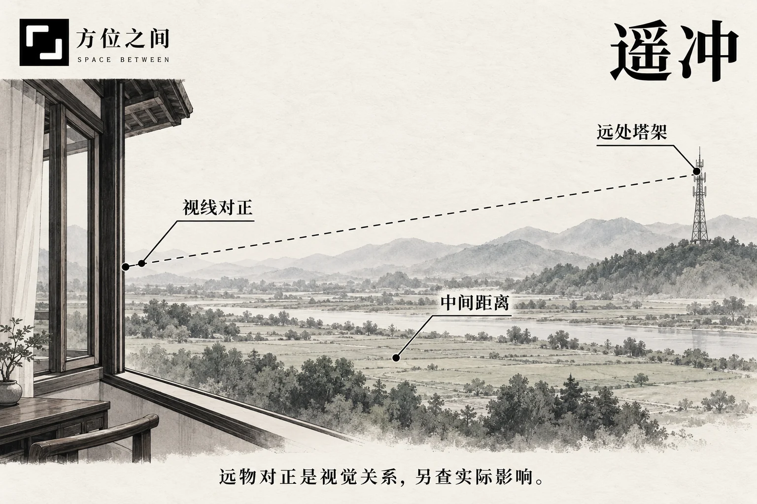 住宅窗框中心远处可见一座细长塔架,城市与山体之间有明显空间距离。