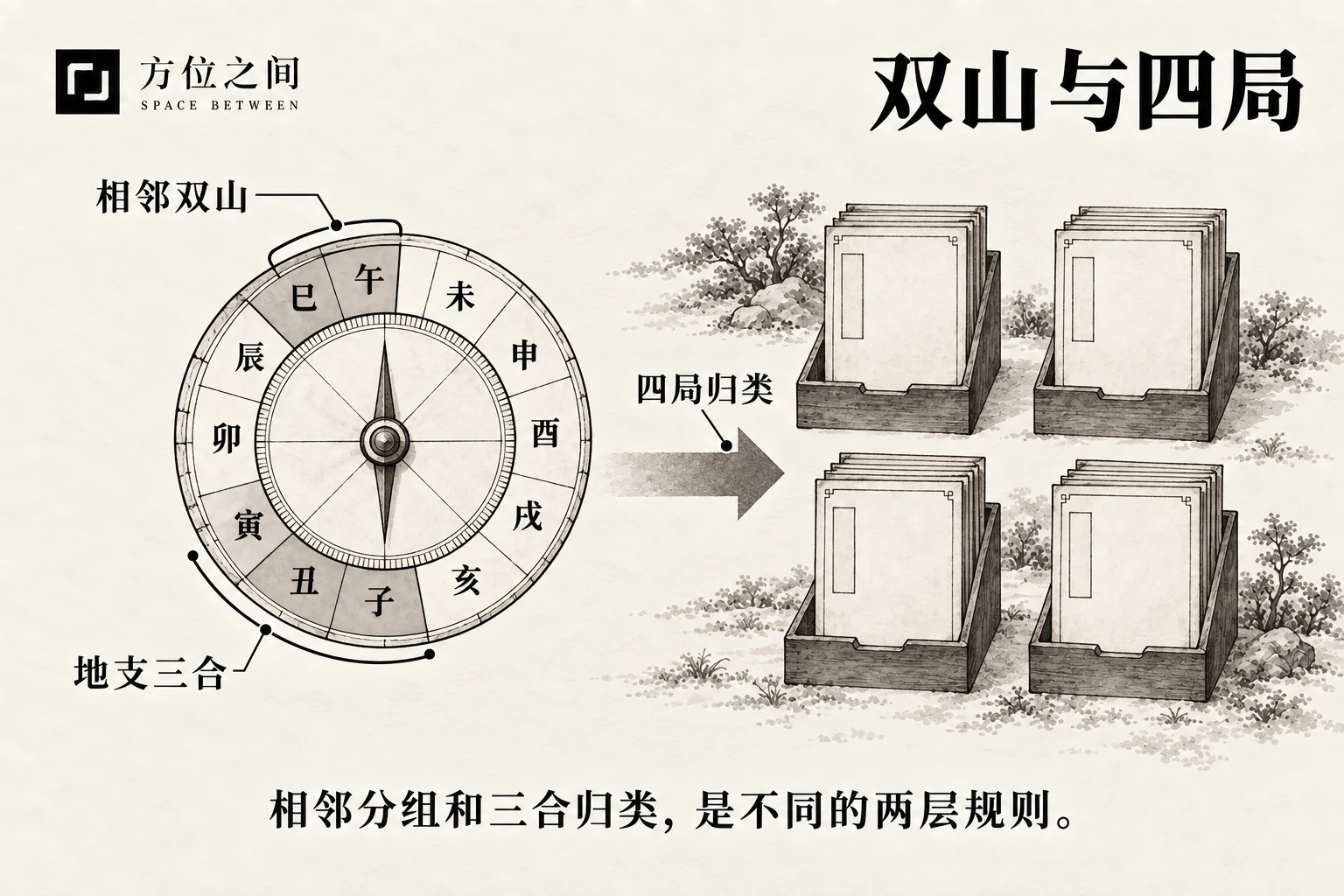 两两相邻的墨石围绕四处山水留白