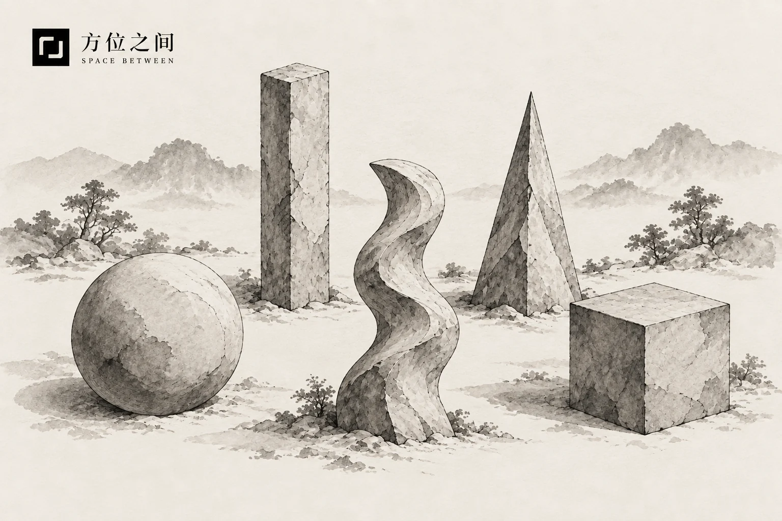 圆、长直、曲、尖、方五种墨色形态的艺术示意