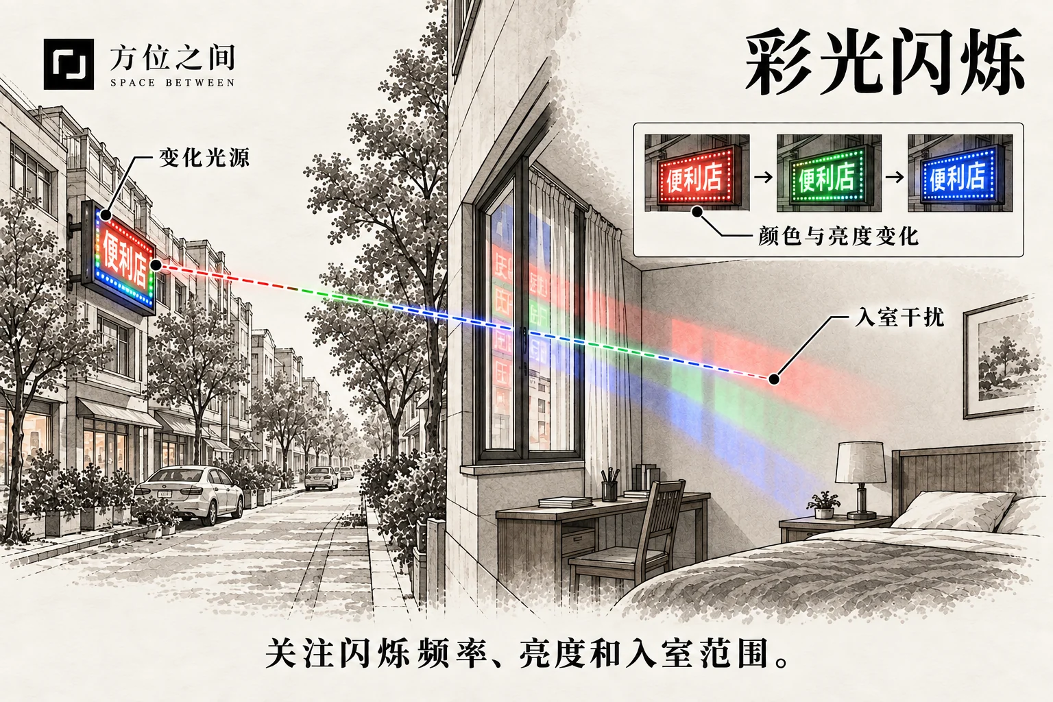 窗外彩色电子灯映入书房,室内另有一条处于动态模式的灯带。