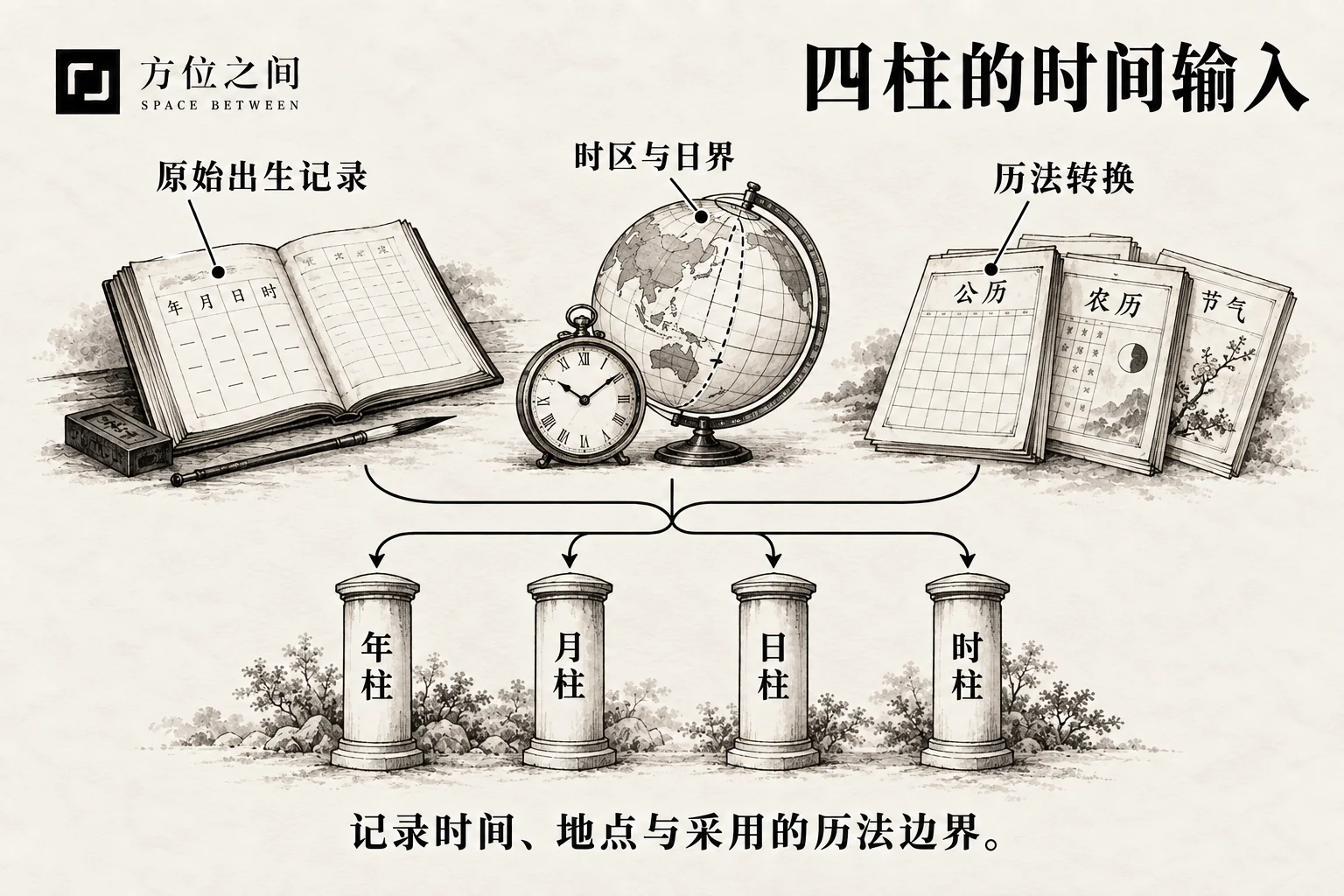 四道墨柱与时钟日历的艺术示意