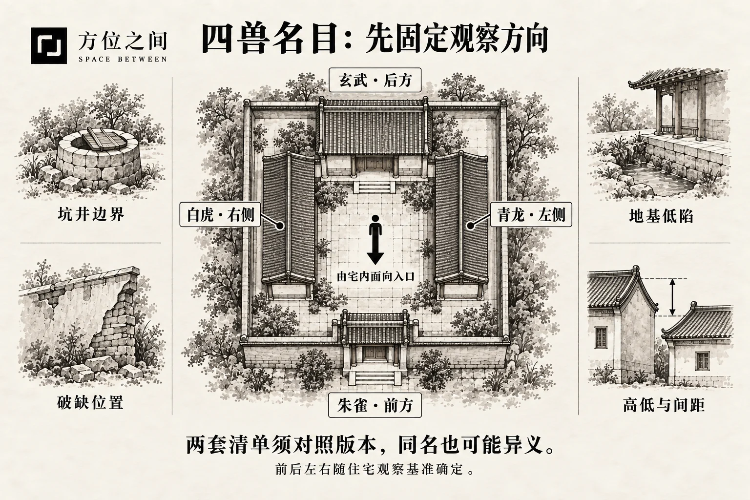 四兽相对位置与观察对象总图:房屋高低、缺损、来水、坑井和地基分别对照