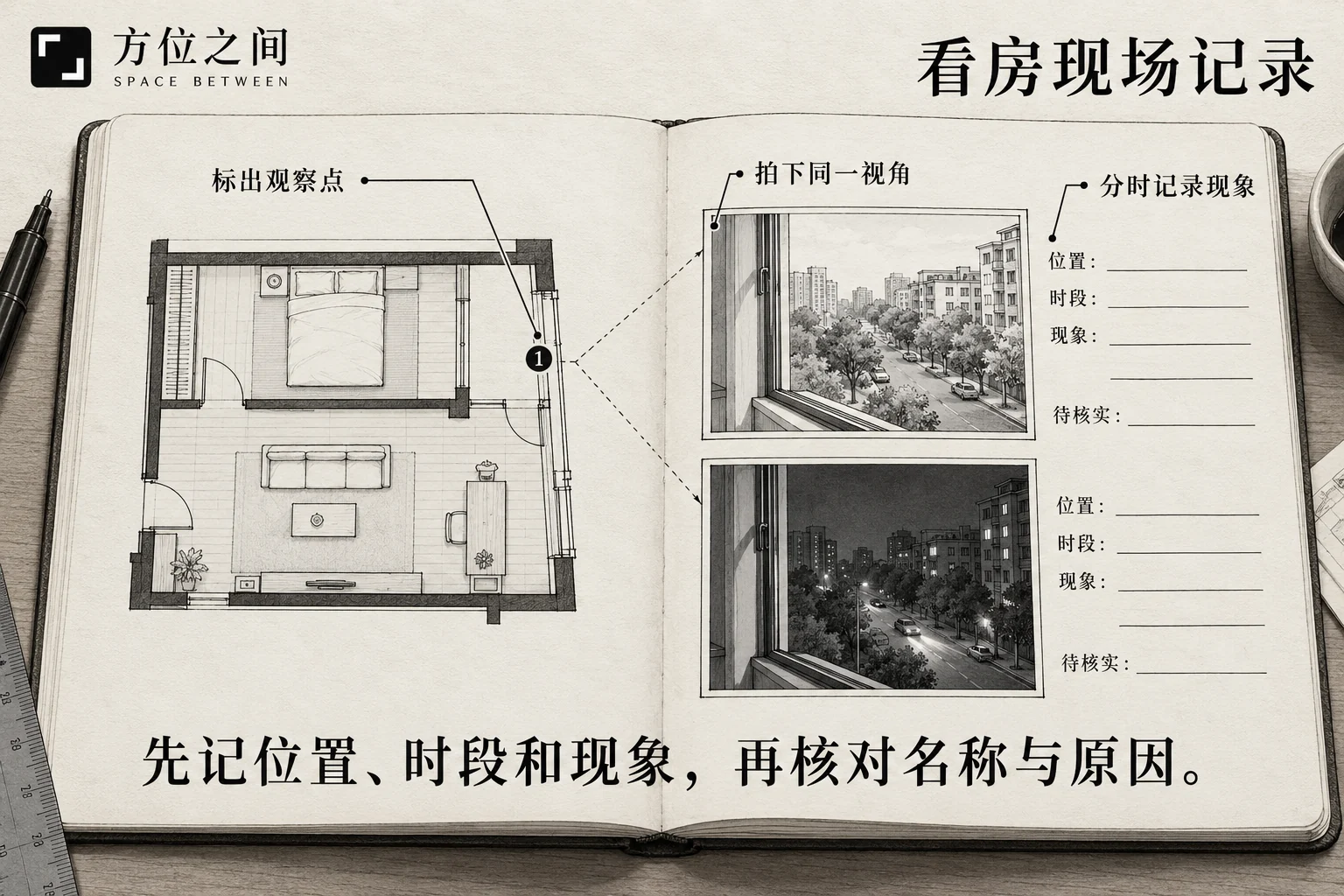 户型观察点、现场照片与时段记录相互对应的看房笔记示意