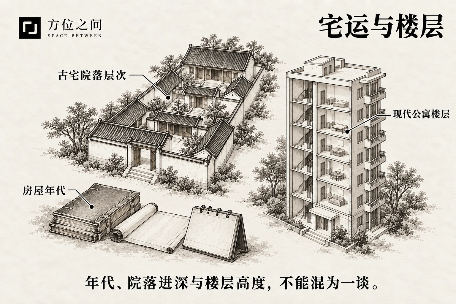 低矮院落与细长公寓楼并置,卷起的旧图纸提示不同的空间层次。
