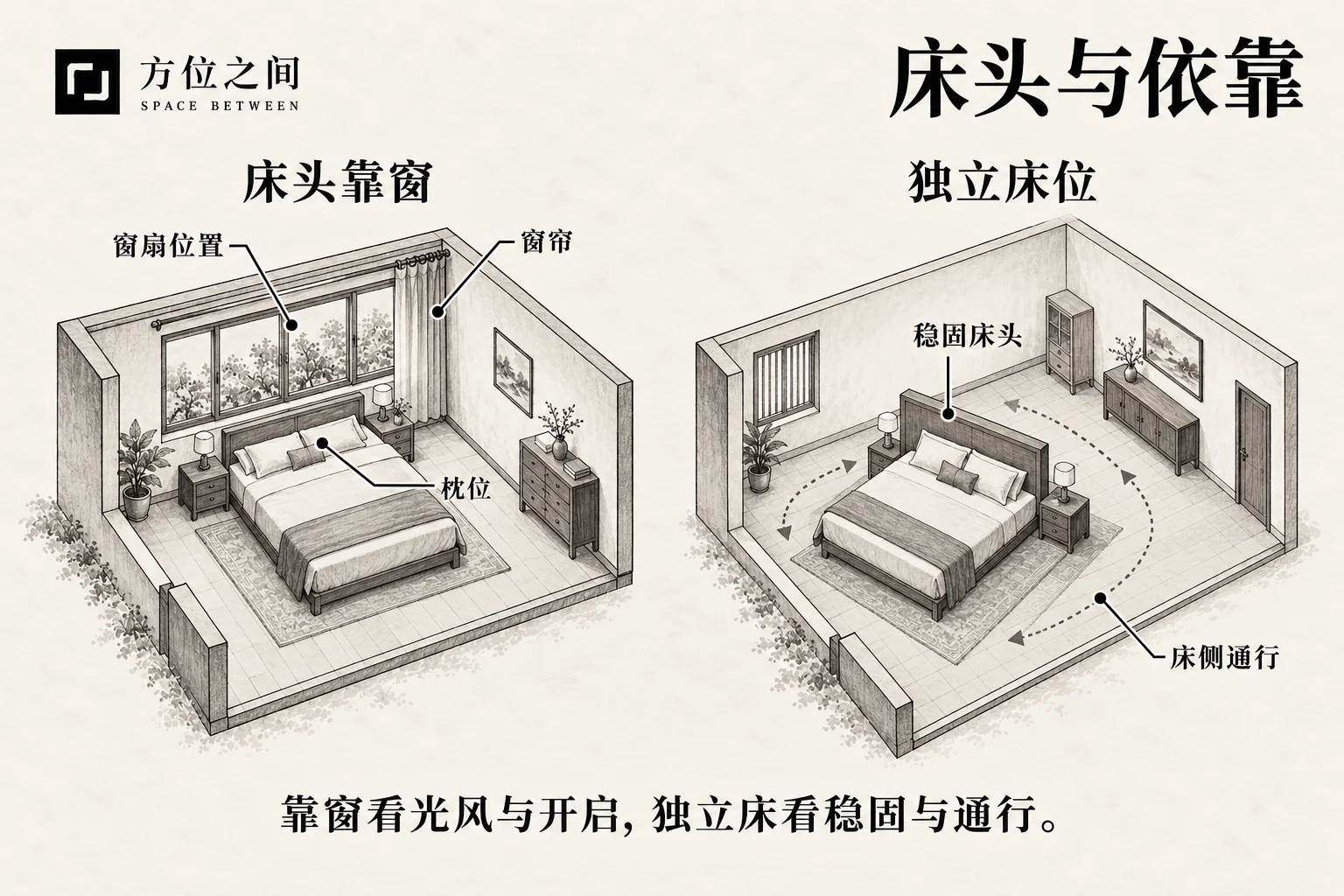 床头与依靠:靠窗、悬空和四周通行的空间关系与识别示意
