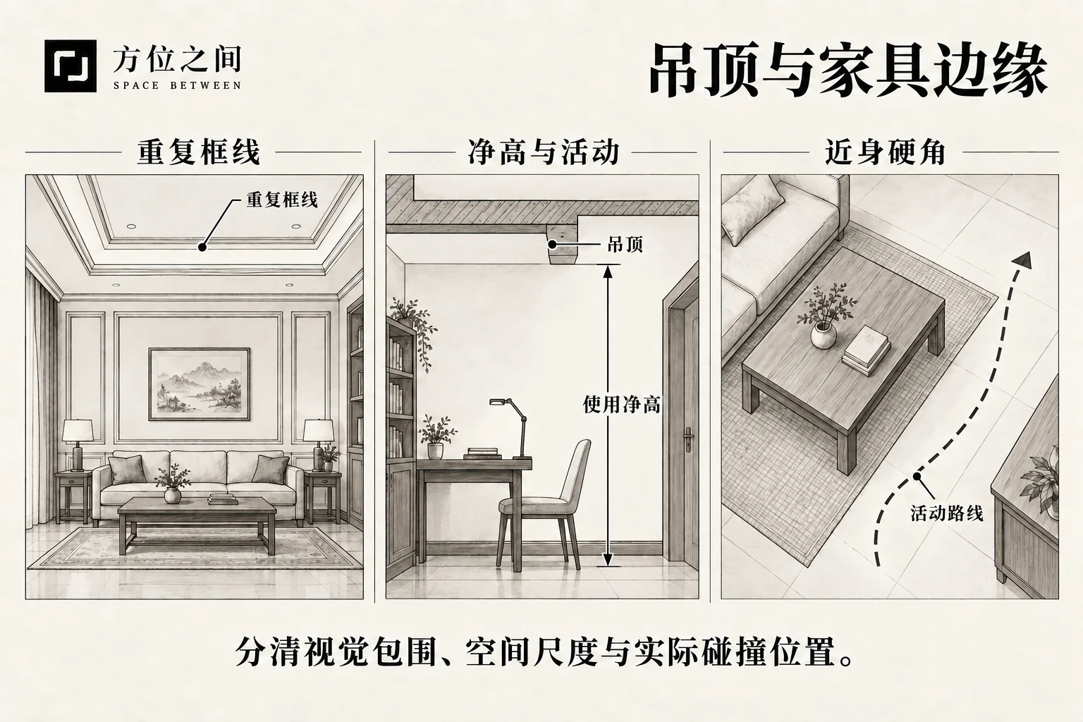 囚煞、天花高低与家具角:视觉框线和接触边缘的空间关系与识别示意