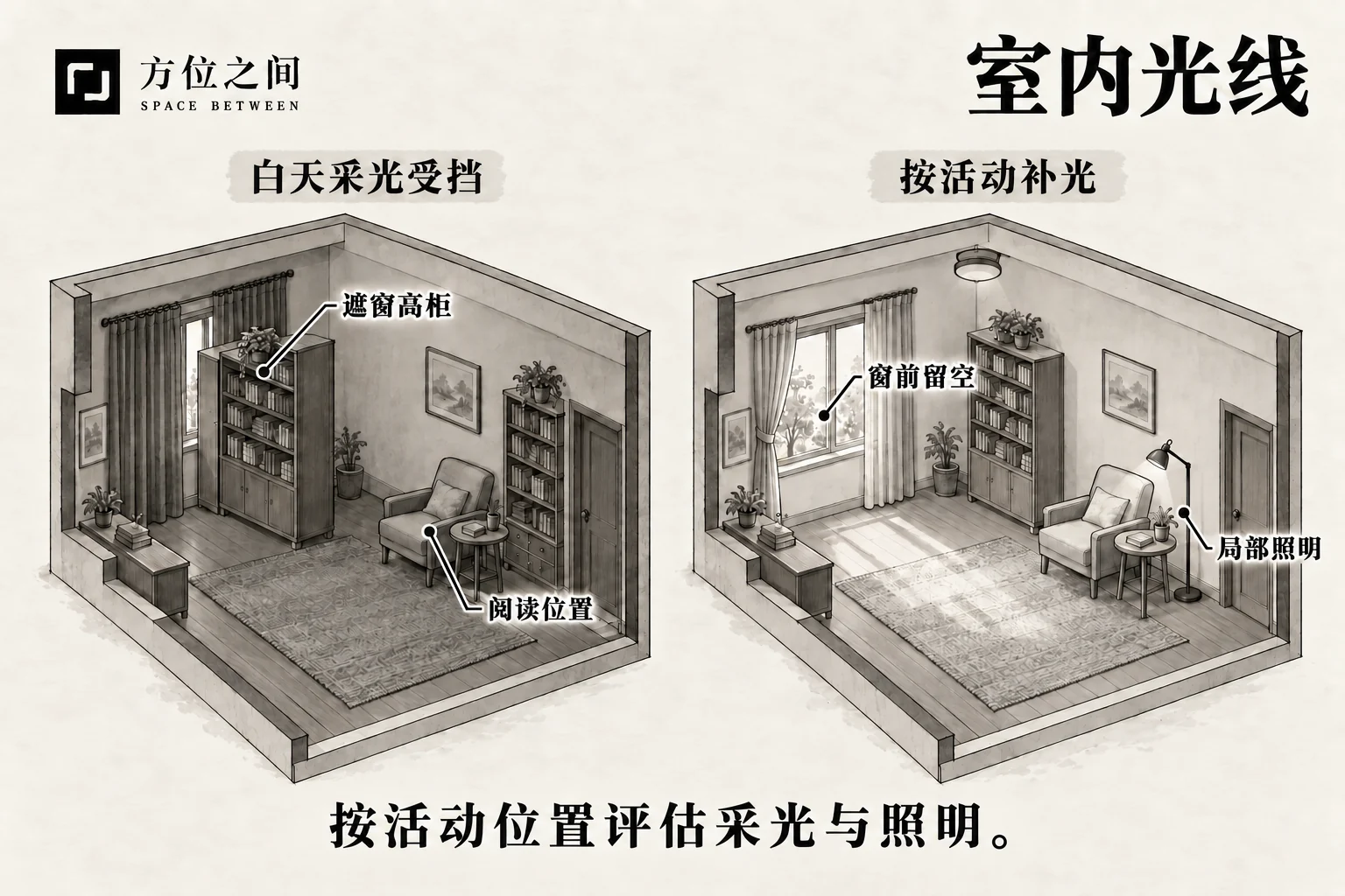 卧房与客厅昏暗:采光、照明和使用时段的空间关系与识别示意