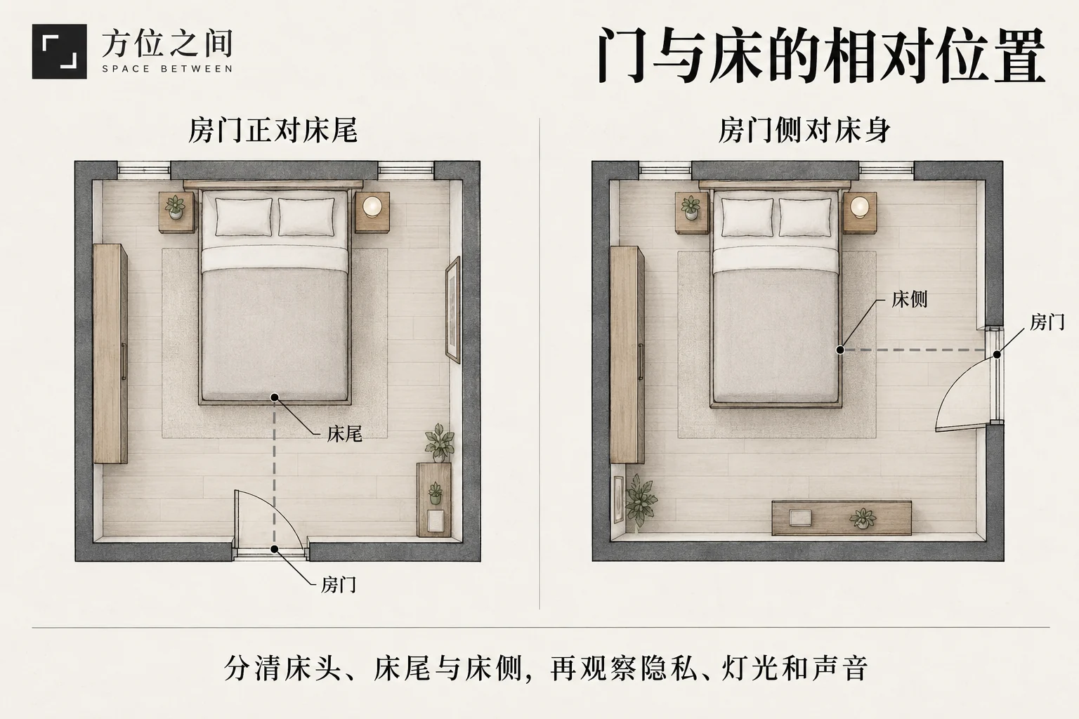门与床:正对、侧冲和开门见床的空间关系与识别示意