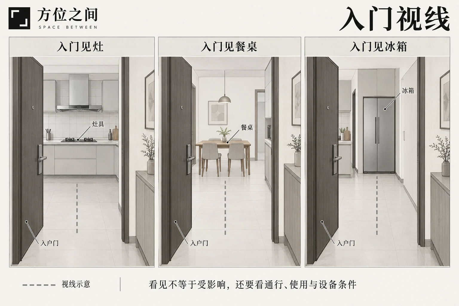 入门所见:灶、餐桌和冰箱的三种场景的空间关系与识别示意