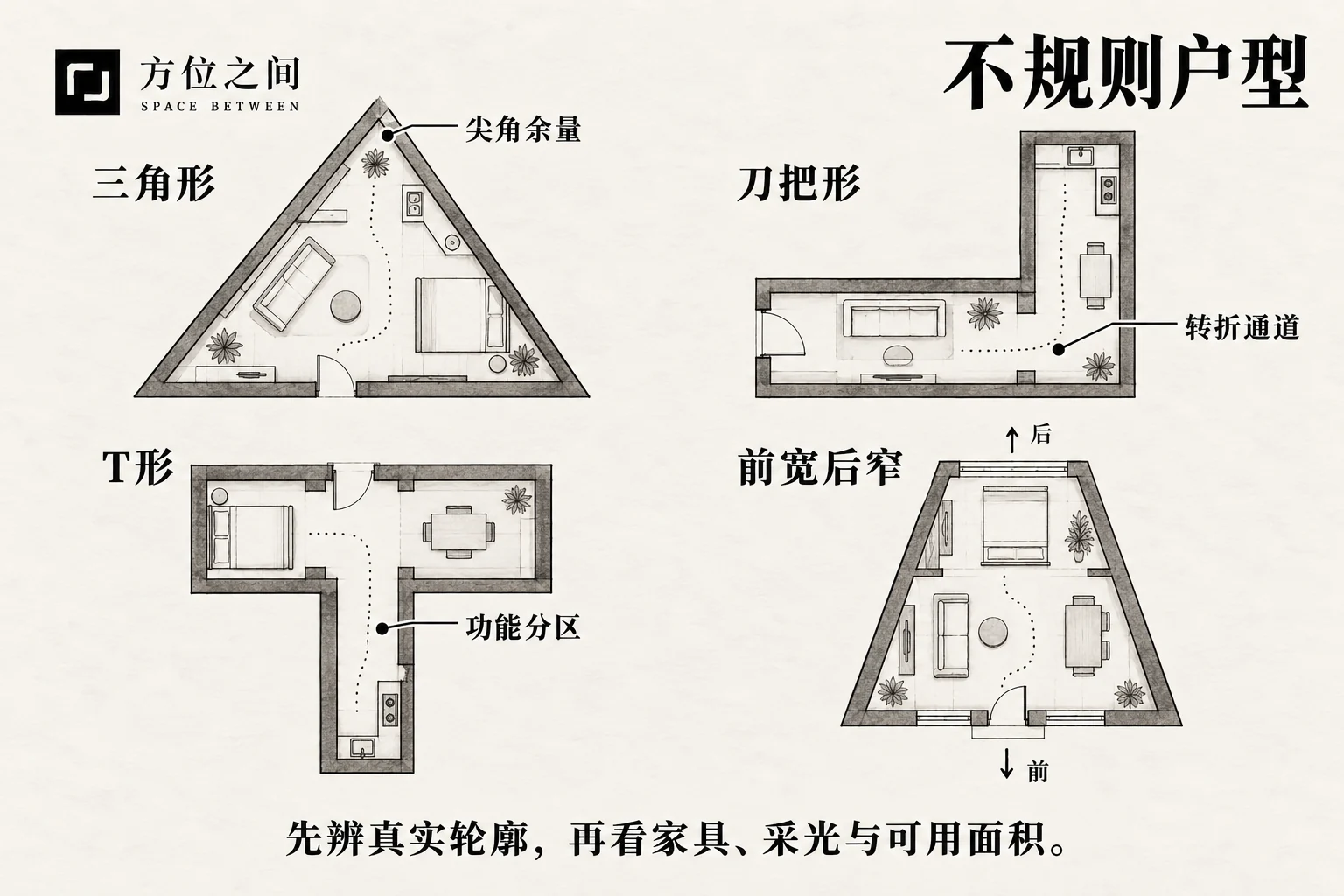 不规则房间与户型:三角、刀把、T形的空间关系与识别示意