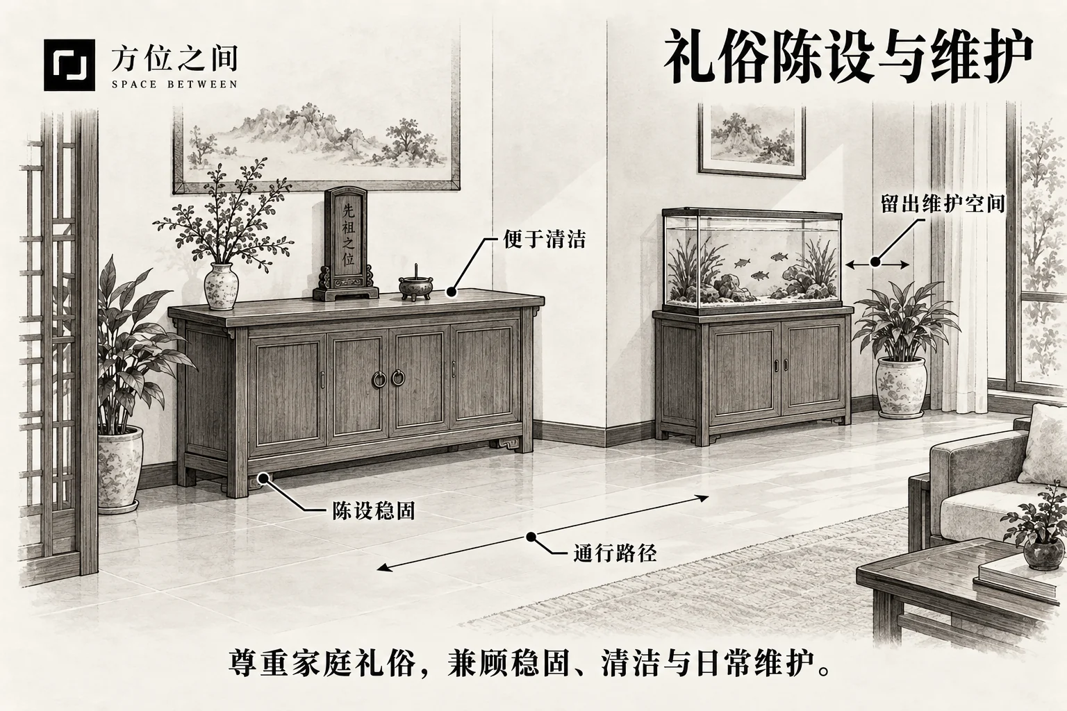 神位、祖先牌位与鱼缸:礼俗安排和日常维护的空间关系与识别示意