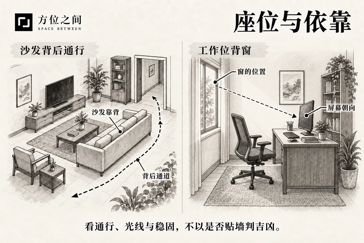 沙发无靠、座位背窗与房大于厅的空间关系与识别示意
