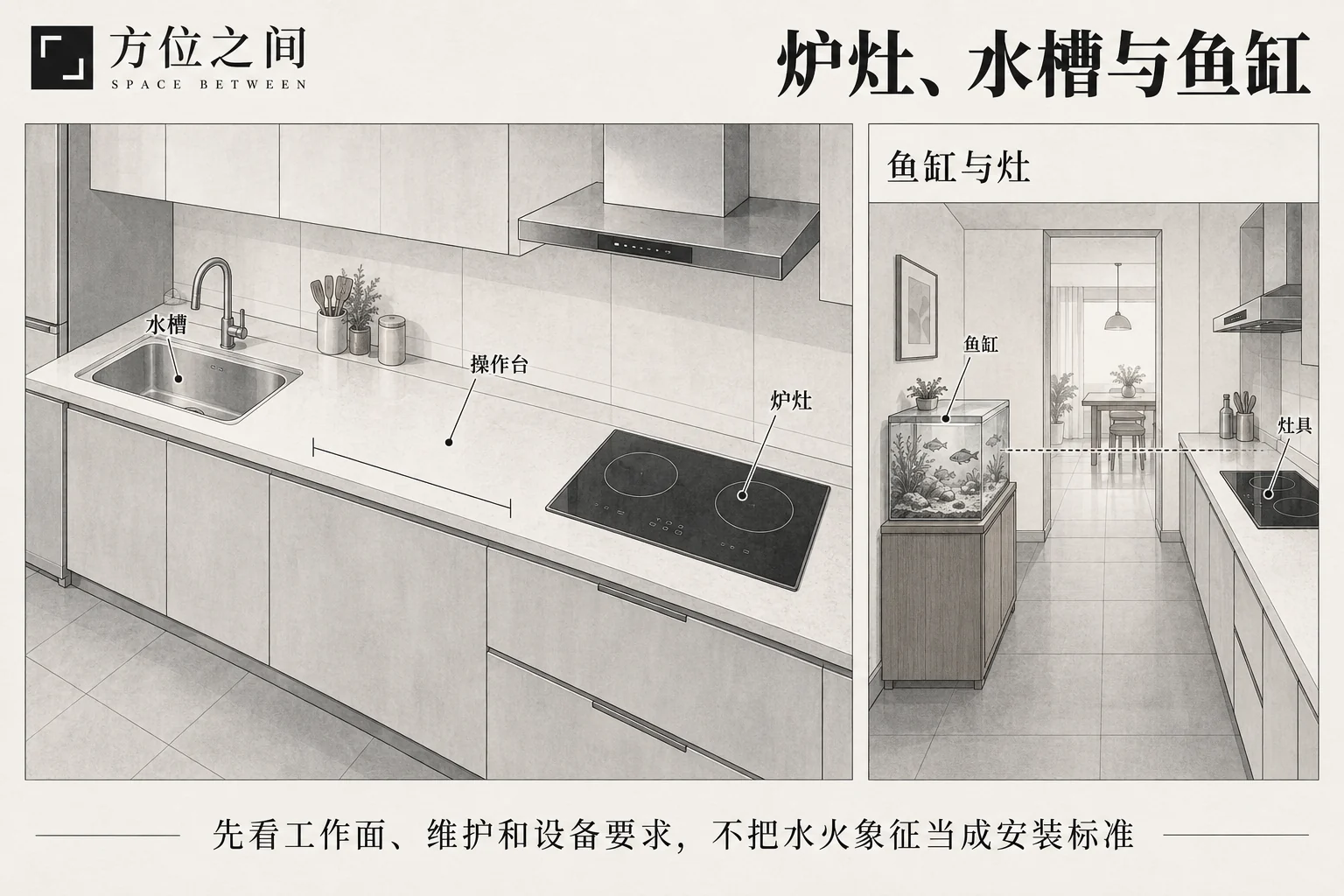 炉灶近水与鱼缸对灶:把象征和操作分开的空间关系与识别示意