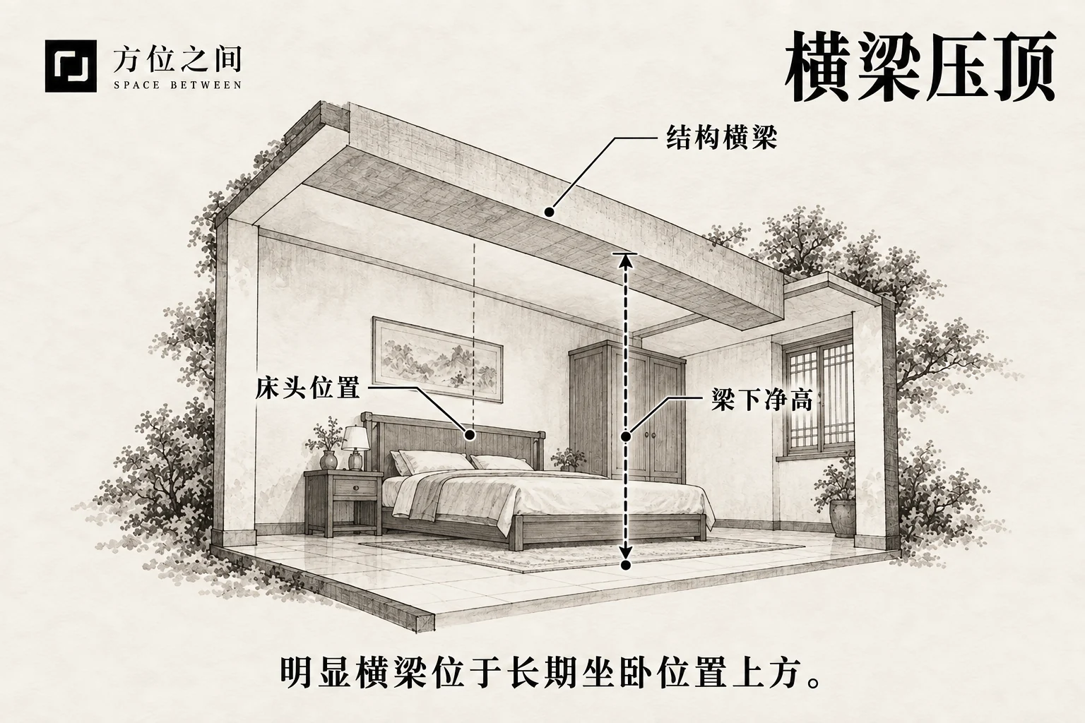 卧室结构横梁位于床头上方并显示净高的示意
