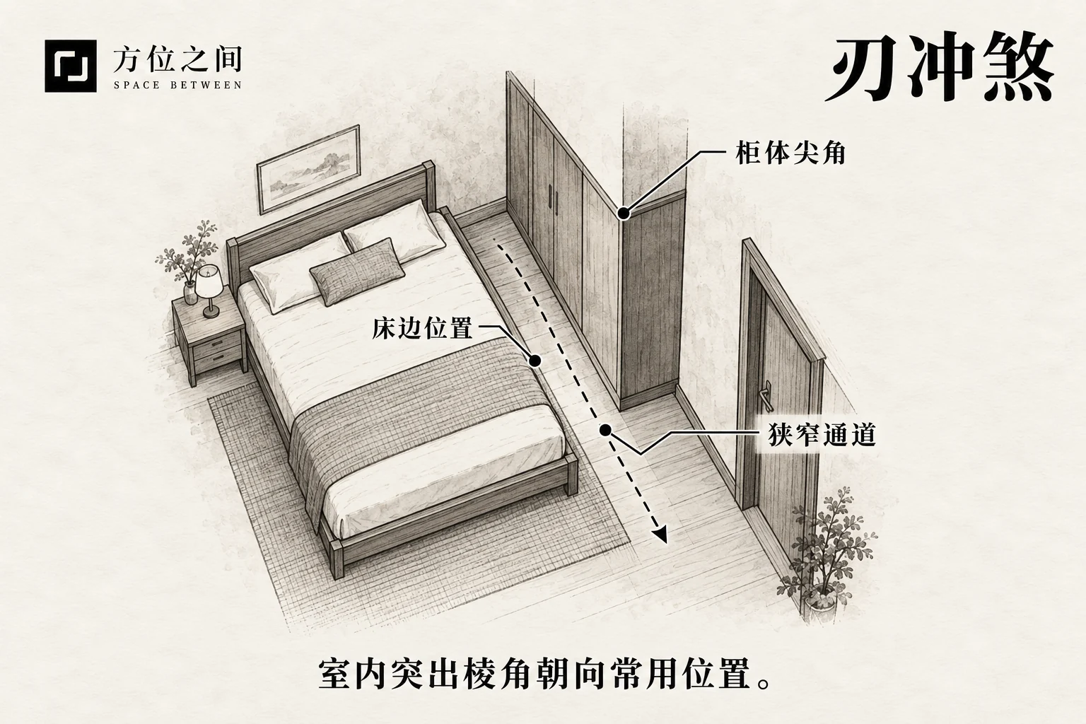 柜体突出直角朝向床边狭窄通道的室内示意
