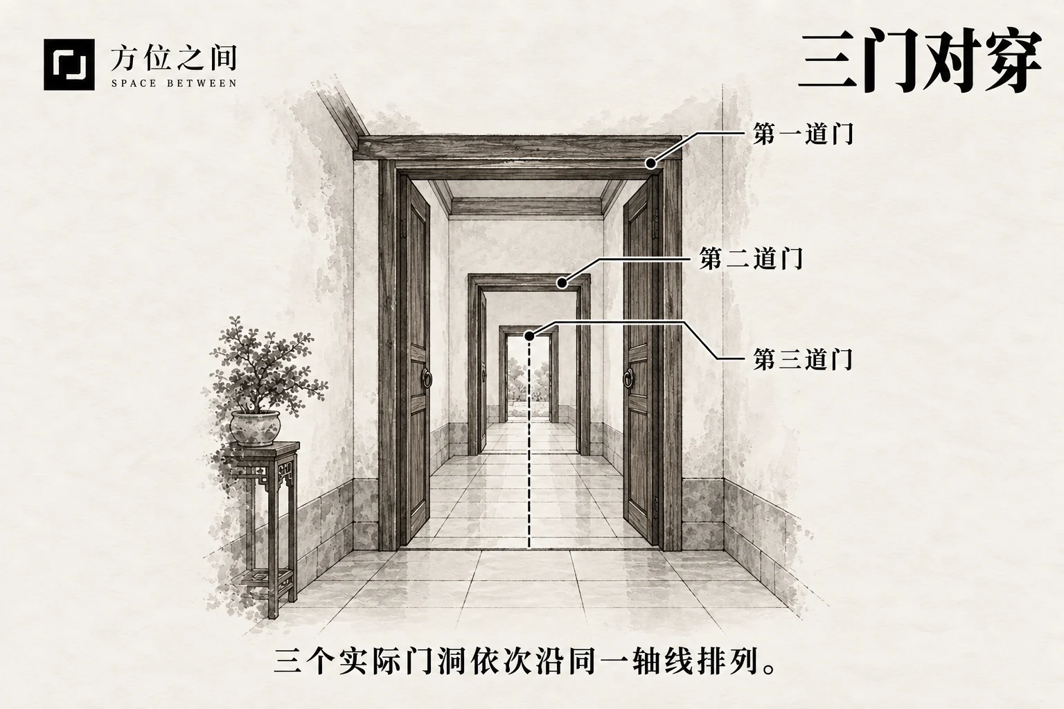 三道门洞沿走廊连续成一直线的剖开室内示意