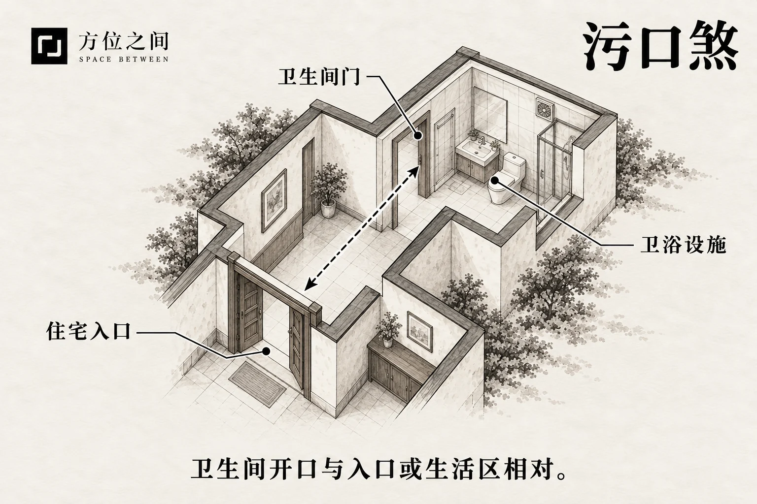 卫生间门打开后正对住宅入户走道的示意