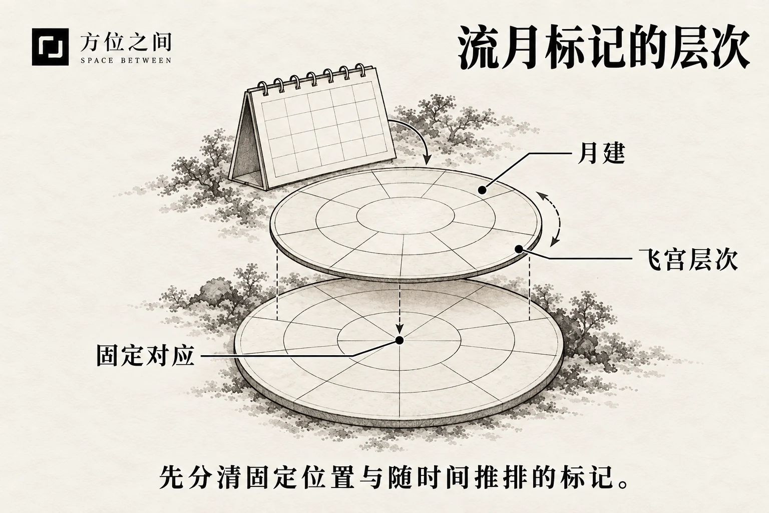 浮起的薄纸圆盘与下方固定墨影的艺术示意
