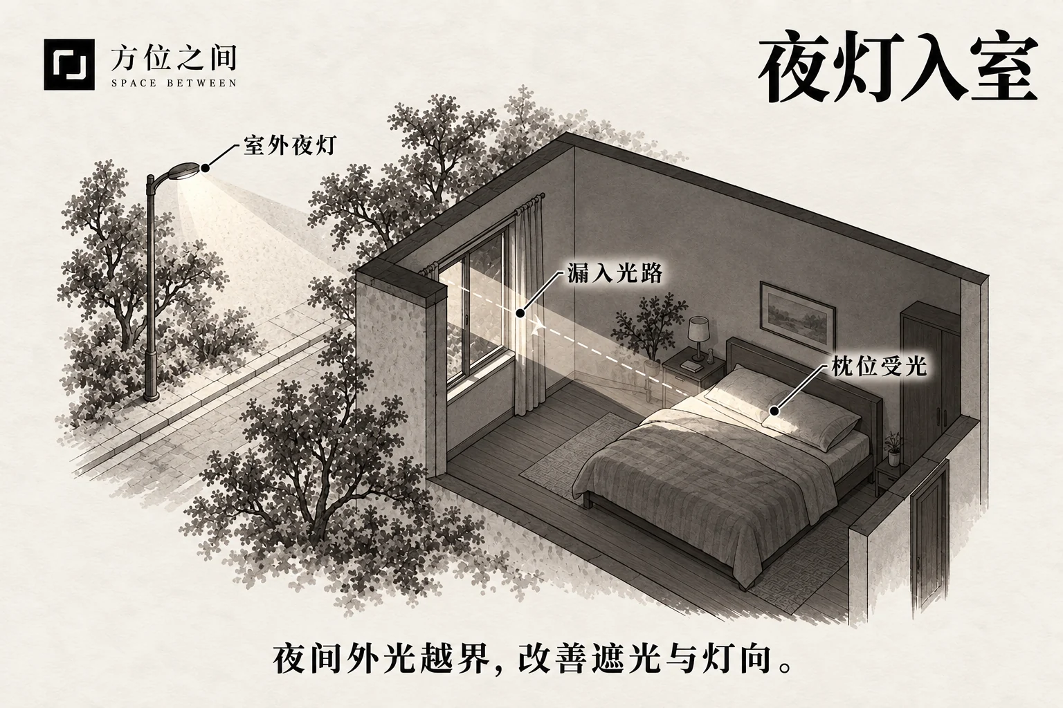 夜间招牌光透过卧室窗帘边缘,在床头形成亮带。