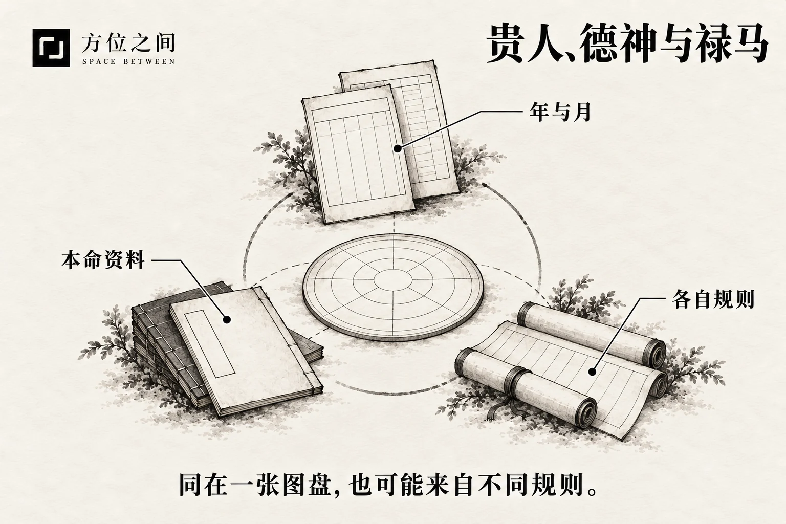 四条墨线绕过留白中心的艺术示意