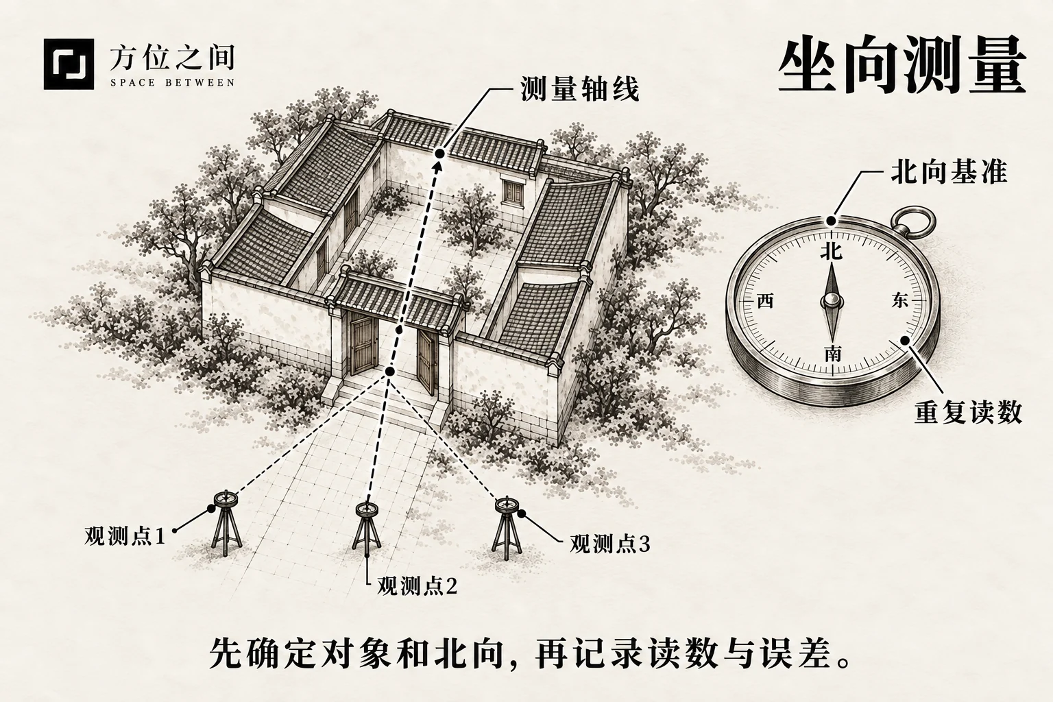 纸上建筑轴线与远处北向的水墨示意