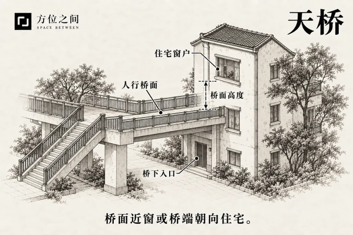 人行桥面与住宅中层窗户齐平的侧面示意