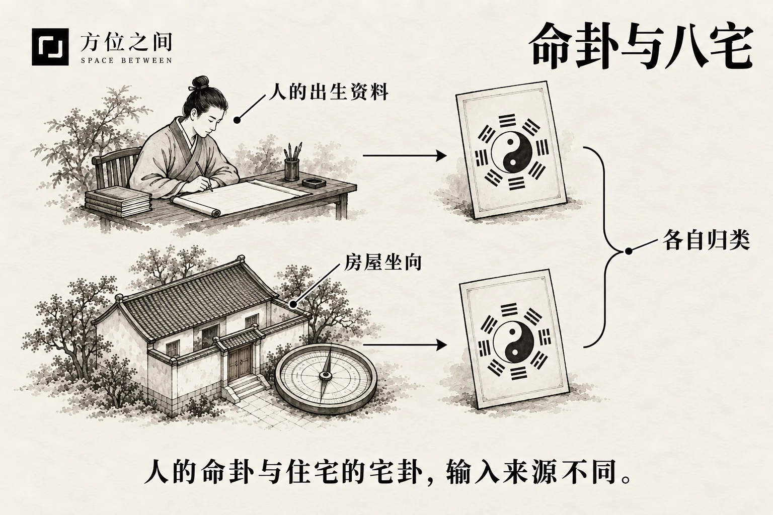人形与房屋分别落在两张纸片上的艺术示意