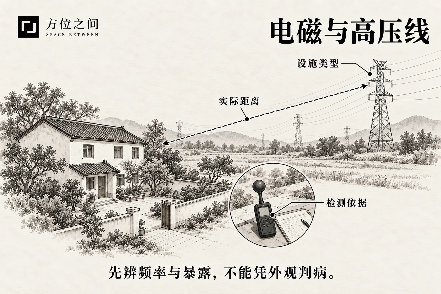 远处输电塔与住宅保持空间距离,前景是窗边普通罗盘和记录本。