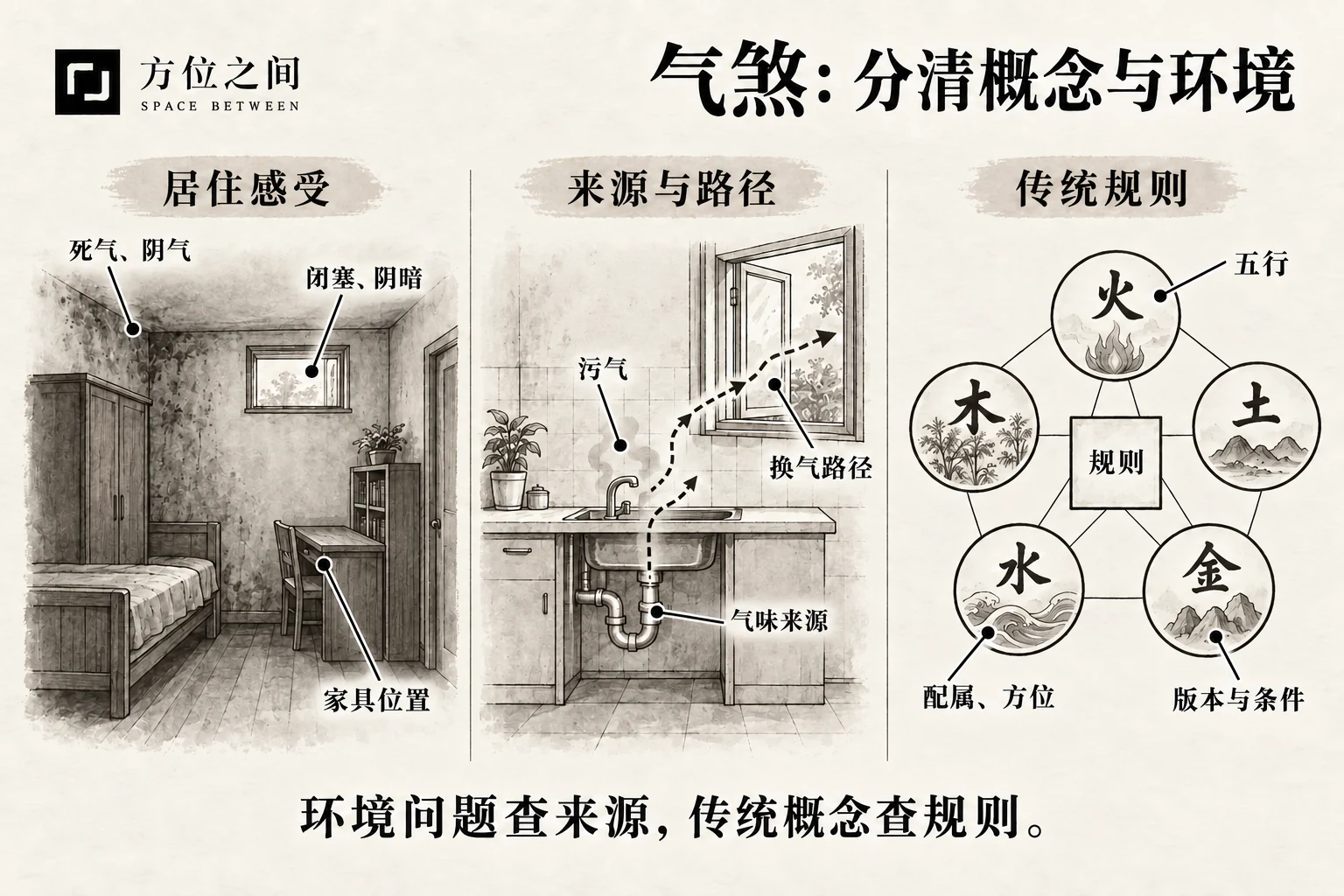 气的多义与通风观察示意,区分文化语言、实际空气与理气规则