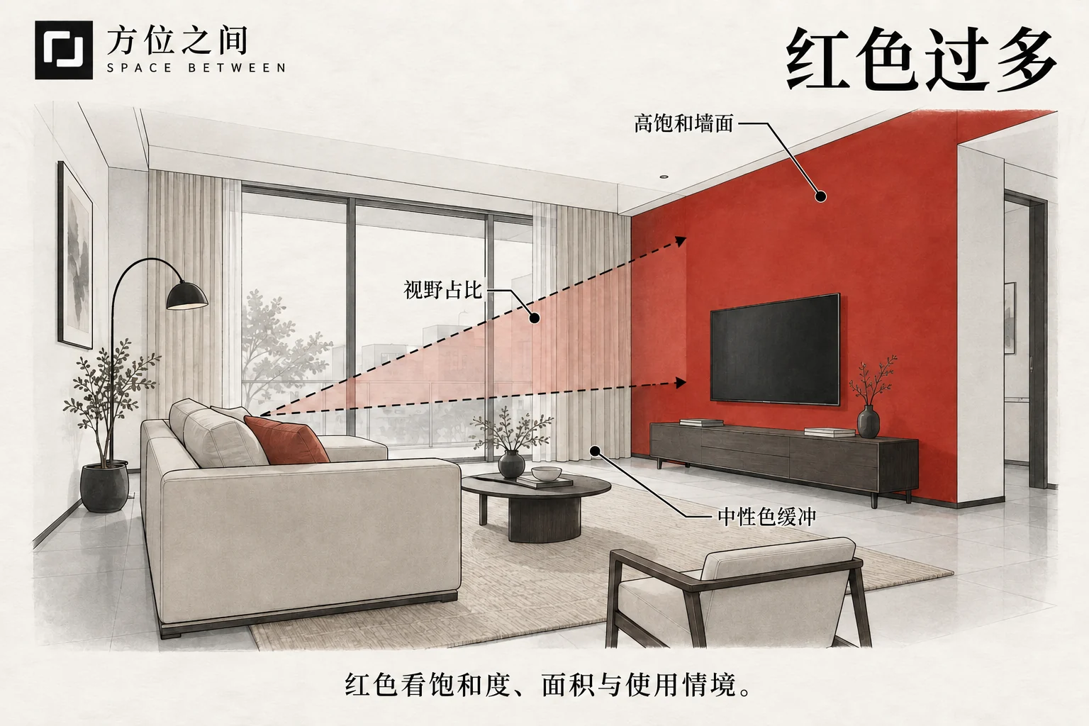 红色墙面和窗帘的房间中保留浅色座椅与中性灯光,展示不同色块比例。