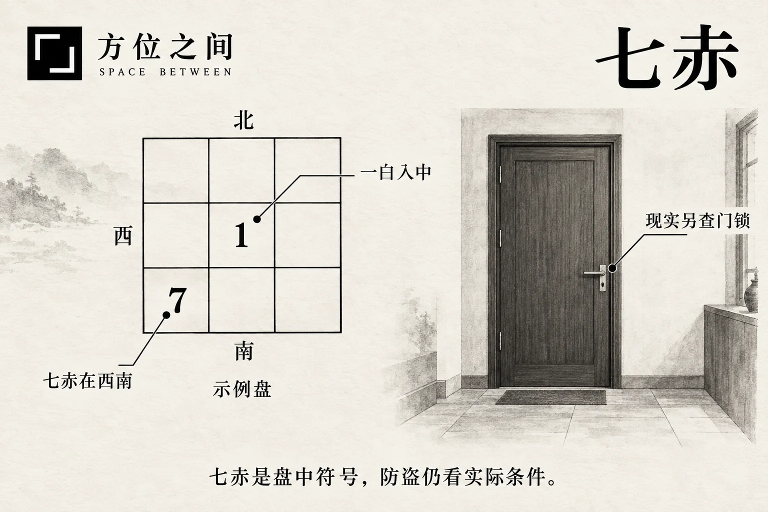 住宅入口的完好门锁与小边桌,桌上用暗红标记点示意七赤符号。