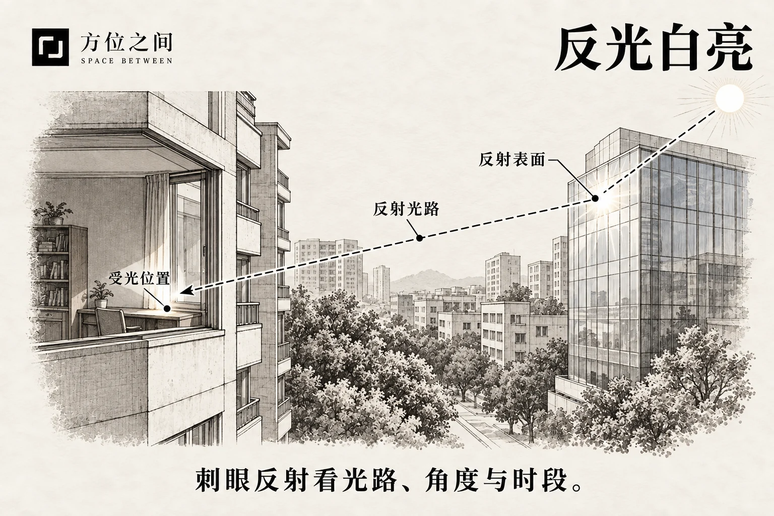 对面玻璃幕墙把午后日光反射到住宅书桌一角。