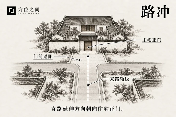 丁字路尽端的住宅正门与道路轴线示意