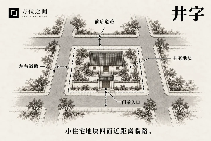 四边道路围绕小型住宅地块的鸟瞰示意